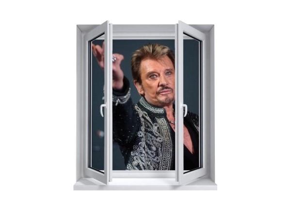 Sticker trompe l'oeil fenêtre 2 vantaux Johnny Hallyday au revoir