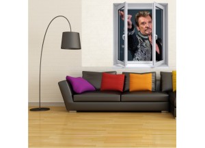 Sticker trompe l'oeil fenêtre 2 vantaux Johnny Hallyday au revoir