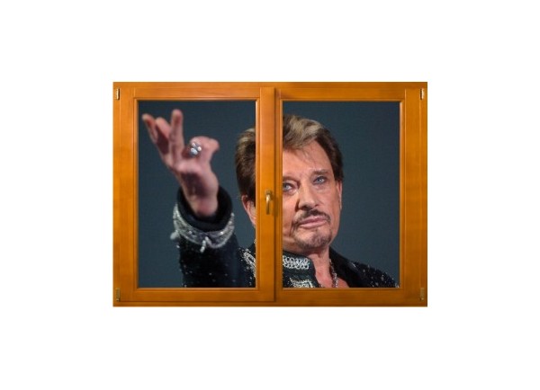 Sticker trompe l'oeil fenêtre bois Johnny Hallyday au revoir