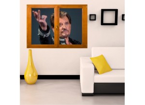 Sticker trompe l'oeil fenêtre bois Johnny Hallyday au revoir