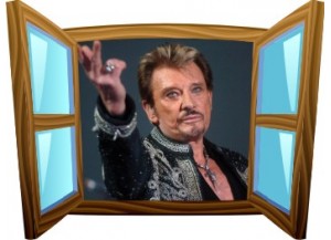 Sticker trompe l'oeil fenêtre cartoon bois Johnny Hallyday au revoir