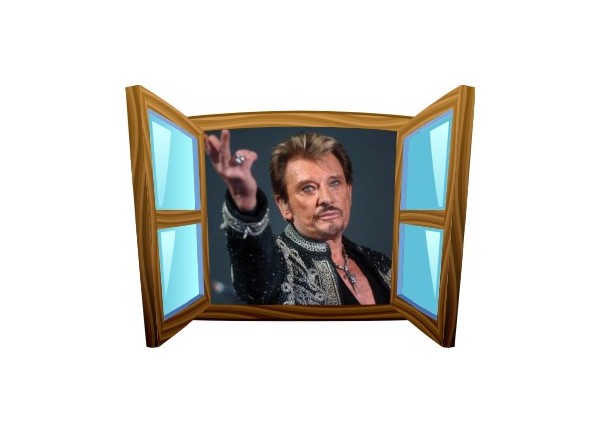 Sticker trompe l'oeil fenêtre cartoon bois Johnny Hallyday au revoir