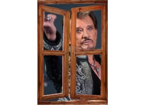 Sticker trompe l'oeil fenêtre cassée Johnny Hallyday au revoir