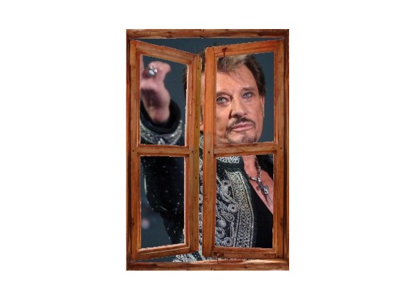 Sticker trompe l'oeil fenêtre cassée Johnny Hallyday au revoir