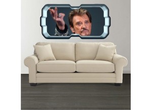 Stickers trompe l'oeil hublot 3D Johnny Hallyday au revoir.