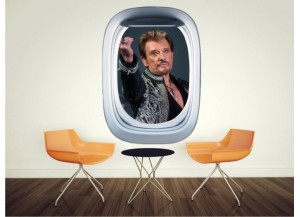 Stickers trompe l'oeil hublot avion Johnny Hallyday au revoir