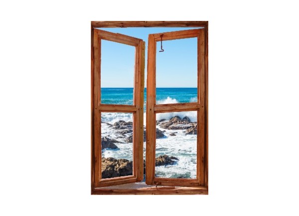 Sticker trompe l'oeil fenêtre cassée rocher mer de Bretagne