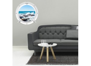 Stickers trompe l'oeil hublot blanc rocher mer de Bretagne