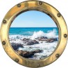 Stickers trompe l'oeil hublot doré rocher mer de Bretagne