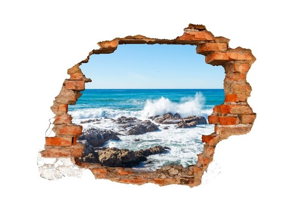 Sticker trompe l'oeil 3D mur déchiré rocher mer de Bretagne