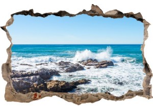 Sticker trompe l'oeil 3D mur d'agglo cassé rocher mer de Bretagne