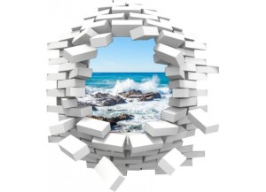 Sticker trompe l'oeil 3D mur blanc cassé rocher mer de Bretagne
