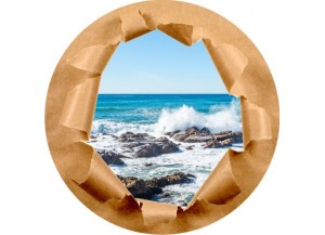 Stickers trompe l'oeil mur papier déchiré rocher mer de Bretagne