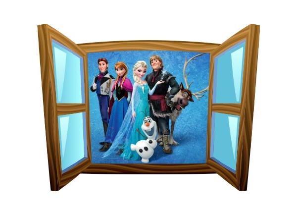 Sticker trompe l'oeil fenêtre cartoon bois Reine des neiges