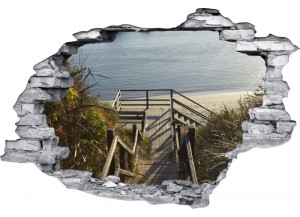 Sticker trompe l'oeil 3D mur déchiré passerelle sur la plage
