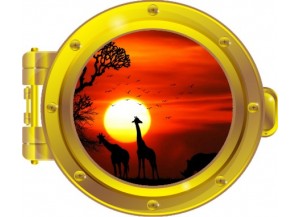 Stickers trompe l'oeil hublot OR Savane africaine couché de soleil