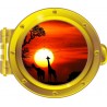 Stickers trompe l'oeil hublot OR Savane africaine couché de soleil