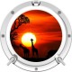 Stickers trompe l'oeil hublot blanc Savane africaine couché de soleil