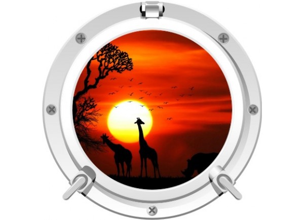 Stickers trompe l'oeil hublot blanc Savane africaine couché de soleil