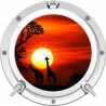 Stickers trompe l'oeil hublot blanc Savane africaine couché de soleil