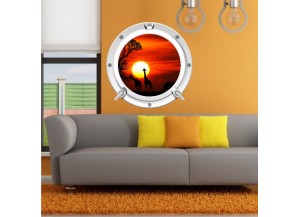 Stickers trompe l'oeil hublot blanc Savane africaine couché de soleil