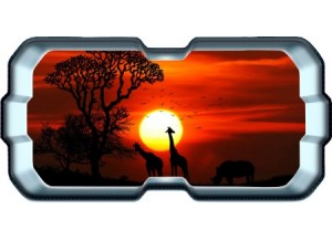 Stickers trompe l'oeil hublot 3D Savane africaine couché de soleil