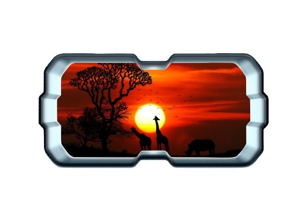 Stickers trompe l'oeil hublot 3D Savane africaine couché de soleil