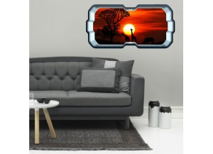 Stickers trompe l'oeil hublot 3D Savane africaine couché de soleil