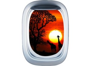 Stickers trompe l'oeil hublot avion Savane africaine couché de soleil