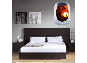 Stickers trompe l'oeil hublot avion Savane africaine couché de soleil