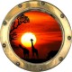 Stickers trompe l'oeil hublot doré Savane africaine couché de soleil