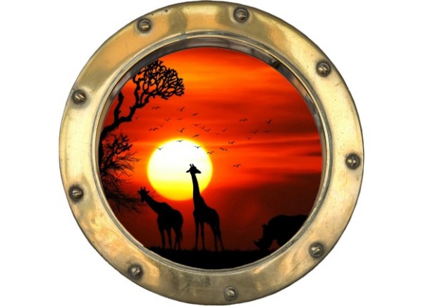 Stickers trompe l'oeil hublot doré Savane africaine couché de soleil