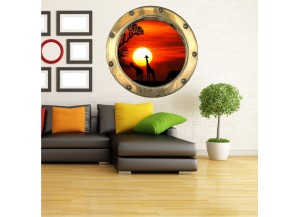 Stickers trompe l'oeil hublot doré Savane africaine couché de soleil