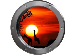 Stickers trompe l'oeil hublot métal Savane africaine couché de soleil