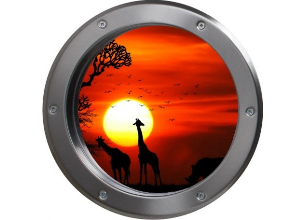 Stickers trompe l'oeil hublot métal Savane africaine couché de soleil