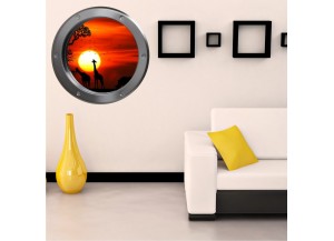 Stickers trompe l'oeil hublot métal Savane africaine couché de soleil