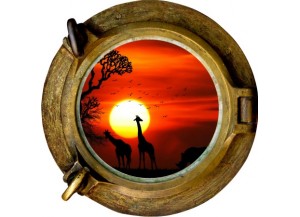 Stickers trompe l'oeil hublot bronze Savane africaine couché de soleil