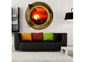 Stickers trompe l'oeil hublot bronze Savane africaine couché de soleil