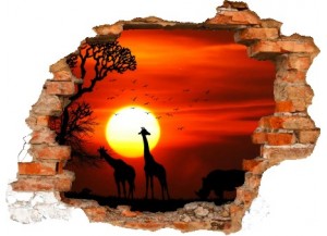 Sticker trompe l'oeil 3D mur déchiré Savane africaine couché de soleil
