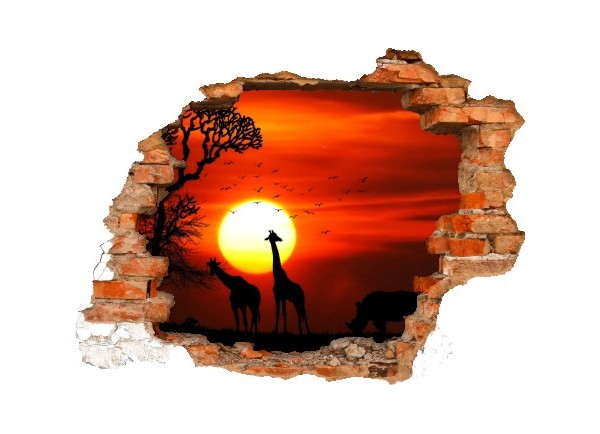 Sticker trompe l'oeil 3D mur déchiré Savane africaine couché de soleil