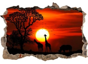Sticker trompe l'oeil 3D mur d'agglo cassé Savane africaine couché de soleil