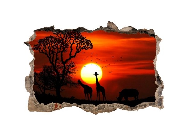 Sticker trompe l'oeil 3D mur d'agglo cassé Savane africaine couché de soleil