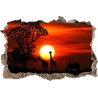 Sticker trompe l'oeil 3D mur d'agglo cassé Savane africaine couché de soleil