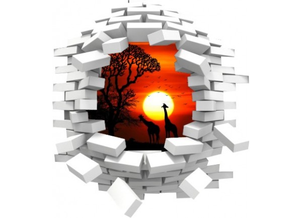 Sticker trompe l'oeil 3D mur blanc cassé Savane africaine couché de soleil