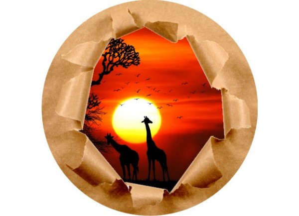 Stickers trompe l'oeil mur papier déchiré Savane africaine couché de soleil