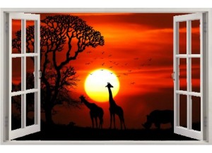 Stickers trompe l'oeil fenêtre ouverte Savane africaine couché de soleil