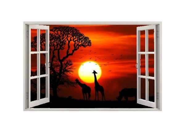 Stickers trompe l'oeil fenêtre ouverte Savane africaine couché de soleil