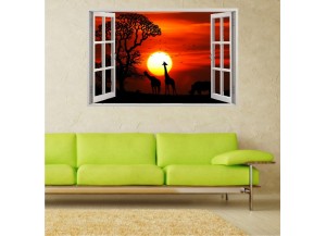 Stickers trompe l'oeil fenêtre ouverte Savane africaine couché de soleil