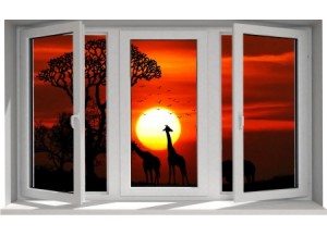 Stickers trompe l'oeil fenêtre Savane africaine couché de soleil