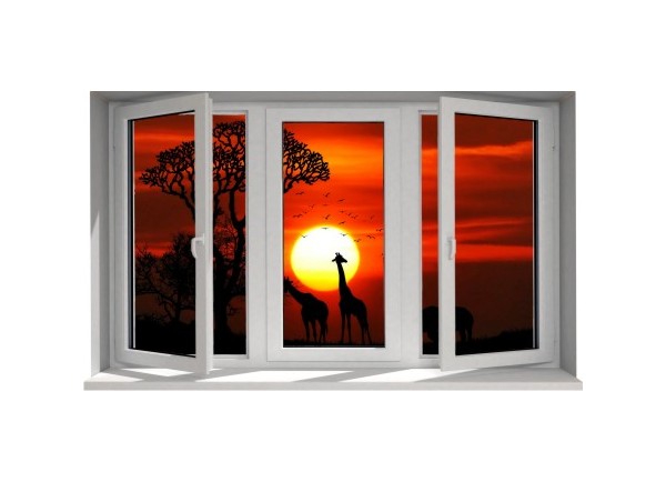 Stickers trompe l'oeil fenêtre Savane africaine couché de soleil